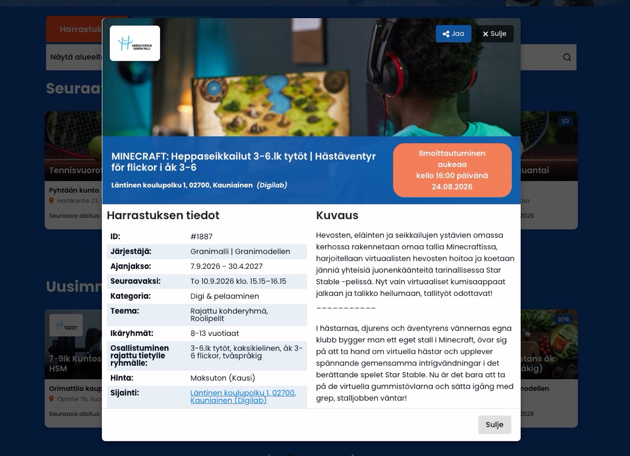Hop In -toimintakalenteri Hop In – alueen yhteinen vapaa-ajan toimintakalenteri ja mobiilimaksut