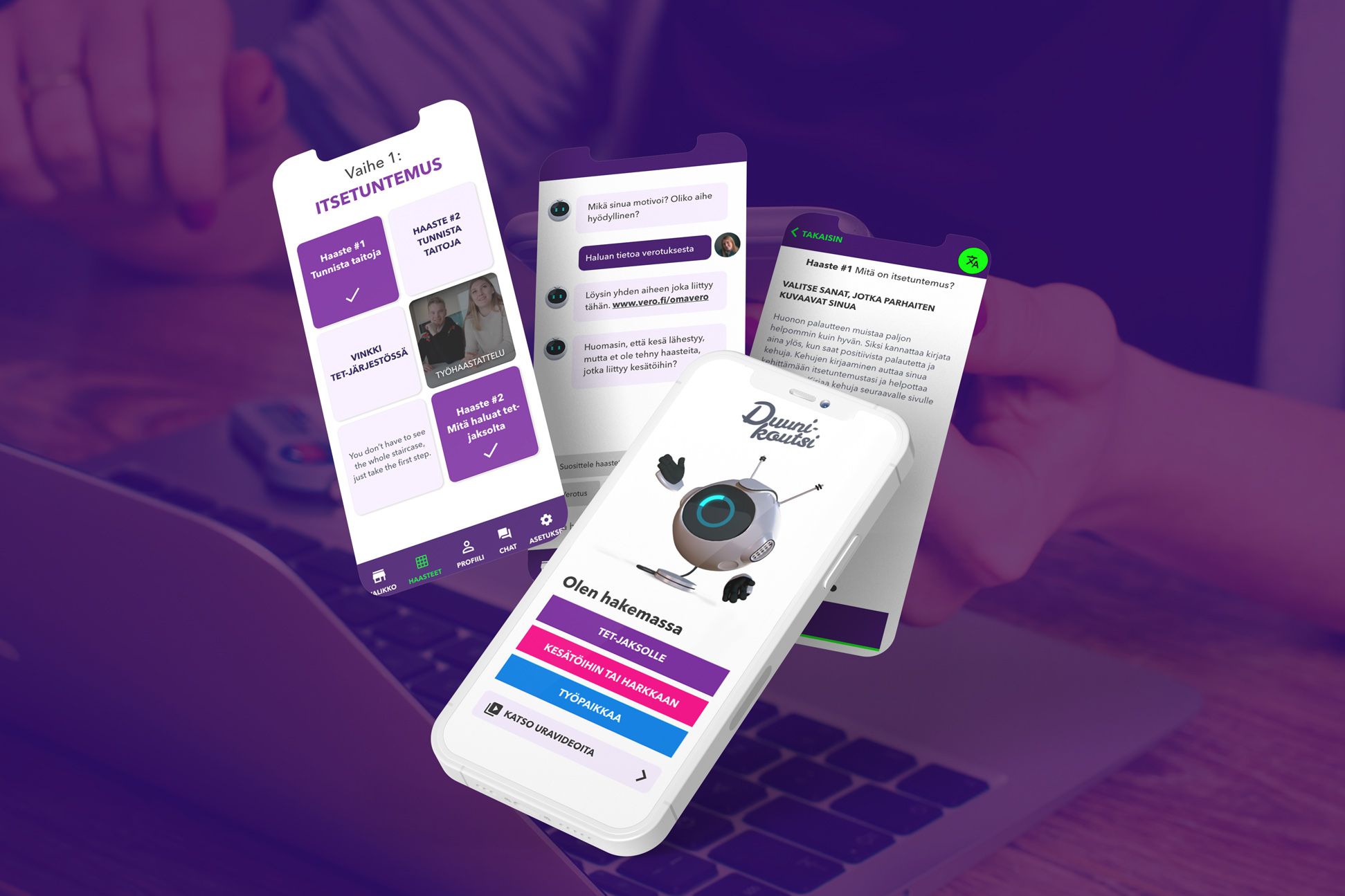 Duunikoutsi - mobiilisovellus työnhakijoille Duunikoutsi mobiilisovellus - työnhakupalvelu iOS ja Android laitteille